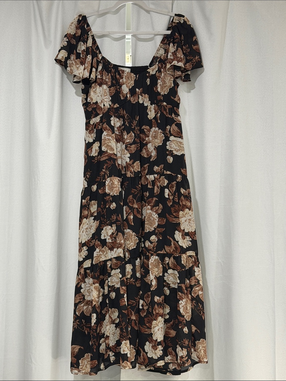 Abercrombie & Fitch Black Floral Midi Dress with Brown and Cream Blooms